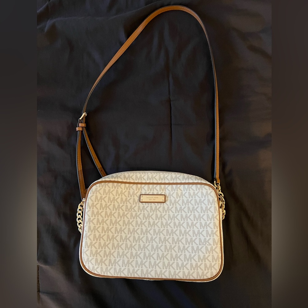 Michael Kors cream and brown bag with hold hardware